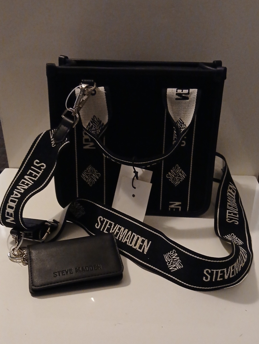 Steve Madden Black Messenger Bag with Branded Strap NWT